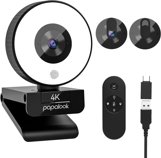 papalook 4K Autofocus Webcam with Light, UHD Web Camera with Remote Control and Dual Noise-Cancelling Mics, Plug and Play USB Webcams for PC Laptop Zoom Skype Teams Google Meet
