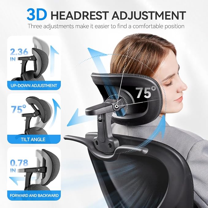 Ergonomic Office Chair with Headrest 3D, Mesh Office Desk Chair with Adjustable Lumbar Support, Computer Chair with Flip up Armrests, 350LBS Capacity - Design for Home/Offices - Black