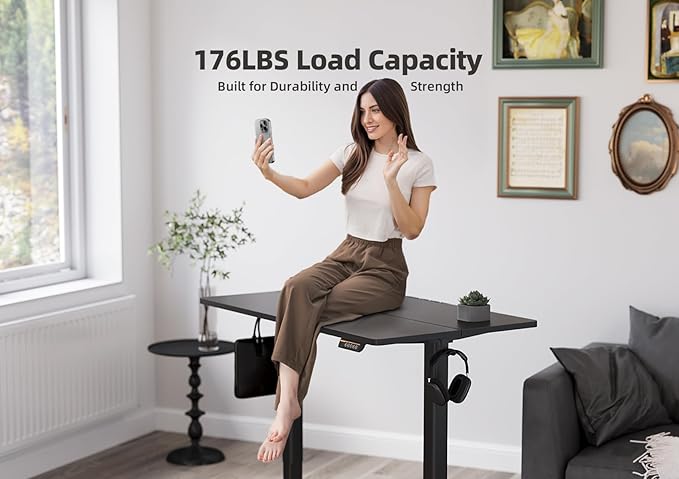 YDN Electric Standing Desk Adjustable Height, 48 x 24 Inches Stand up Desk with Cable Management, Home Office Desks with Splice Board & Black Frame, Black Top