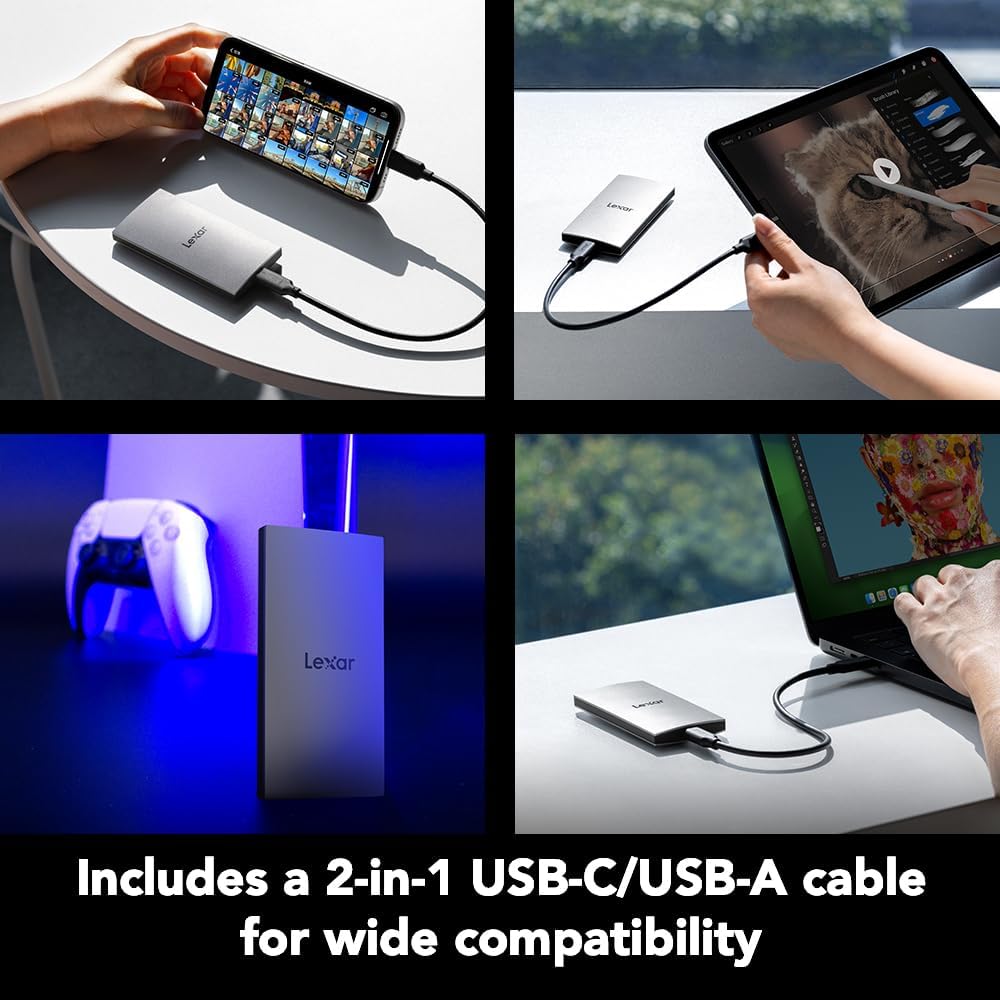 Lexar 2TB ES3 Portable SSD, Up to 1050MB/s Read & 1000MB/s Write, Compatible with PC & Mac, Tablets, Smartphones, External Solid State Drive, Silver (LES3XXX002T-RNSAU)