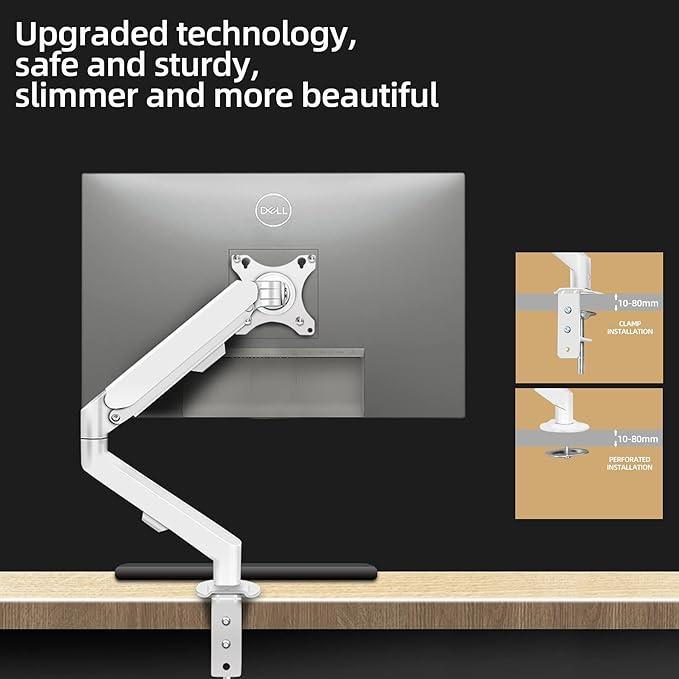 White Single Monitor Arm Mount 17 to 34 inch Articulating Gas Spring Arm 4.4 to 19.8lbs Adjustable Vesa 100 * 100mm Desk Stand with Clamp and Grommet LCD Computer Brachet M5W