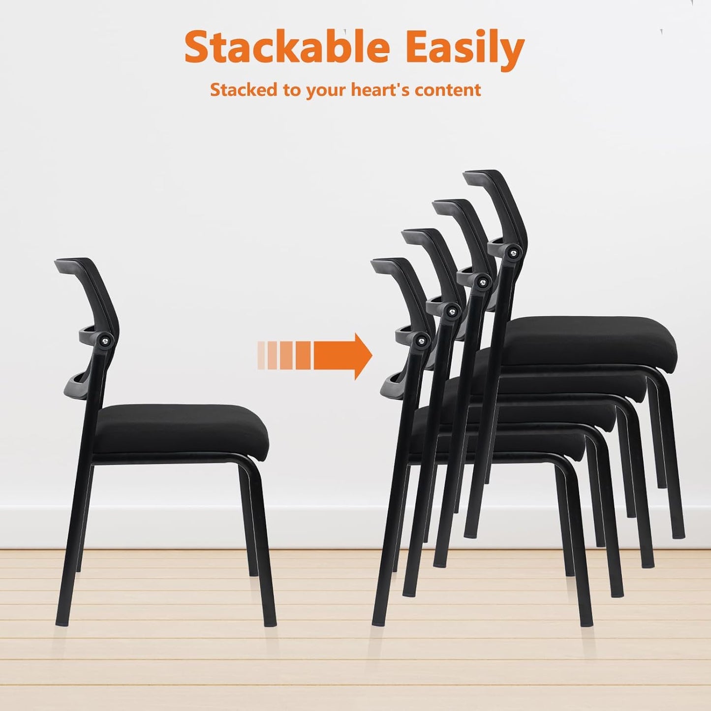 CLATINA Stacking Armless Office Waiting Room Chair with Adjustable Backrest, Stackable Mesh Guest Reception Desk Chairs with Ergonomic Lumbar Support for Conference Lobby Side School, Black, 4 Pack