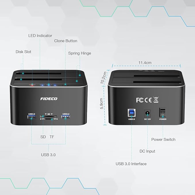 FIDECO Hard Drive Docking Station, USB 3.0 Aluminum Hard Drive Docking Stations 2.5"/3.5" SATA HDD SSD, TF Card Reader and SD Card Reader, Offline Clone Support