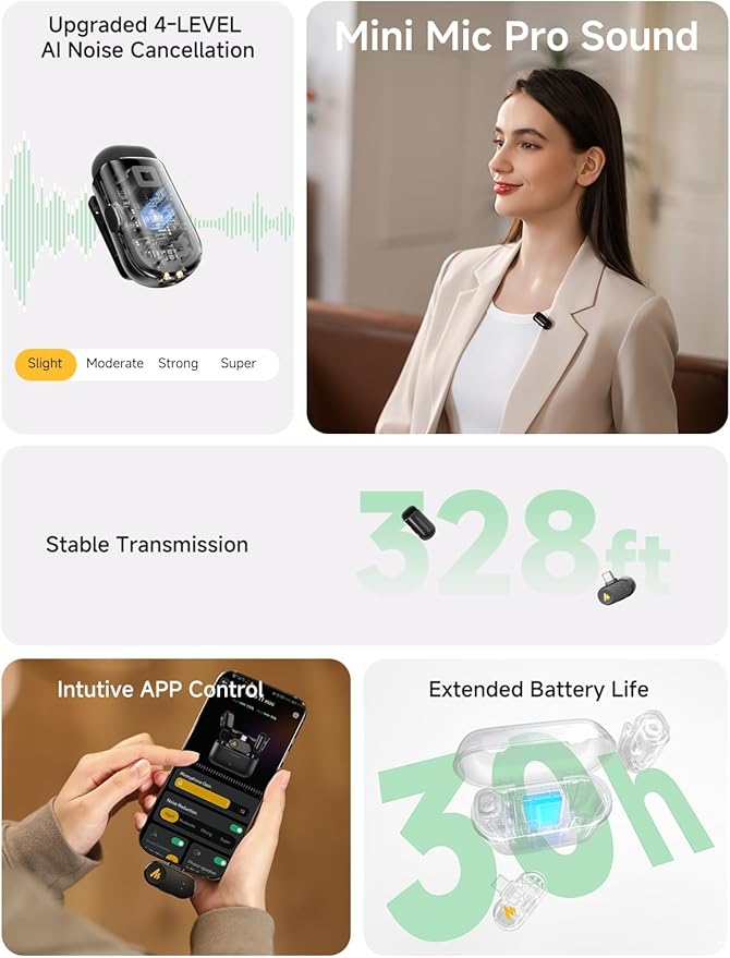 MAONO Wave T1 Mini Wireless Lavalier Microphone for iPhone 16 15 Android Tablet PC with USB-C Plug, Noise Cancellation, AI Voice Filter, 30H Used with Charging Case for Video Recording TikTok YouTube