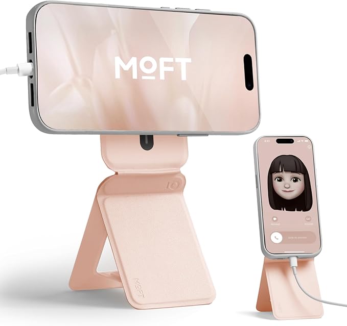 MOFT Phone Stand, Magnetic Phone Tripod Stand Stain-Resistant MOVAS Leather & Angle Adjustment & Strong Magnets Tripod for iPhone 16/15/14/13/12 (Included Metal Ring)-Peach Pink