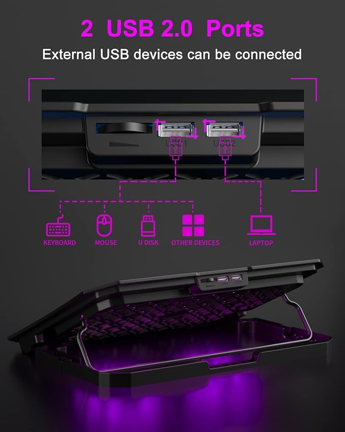 KeiBn Upgrade Laptop Cooling Pad, KeiBn Laptop Cooler 2 Fans for 10-15.6 Inch Laptops, 5 Height Stands, 2 USB Ports (S039-Purple)