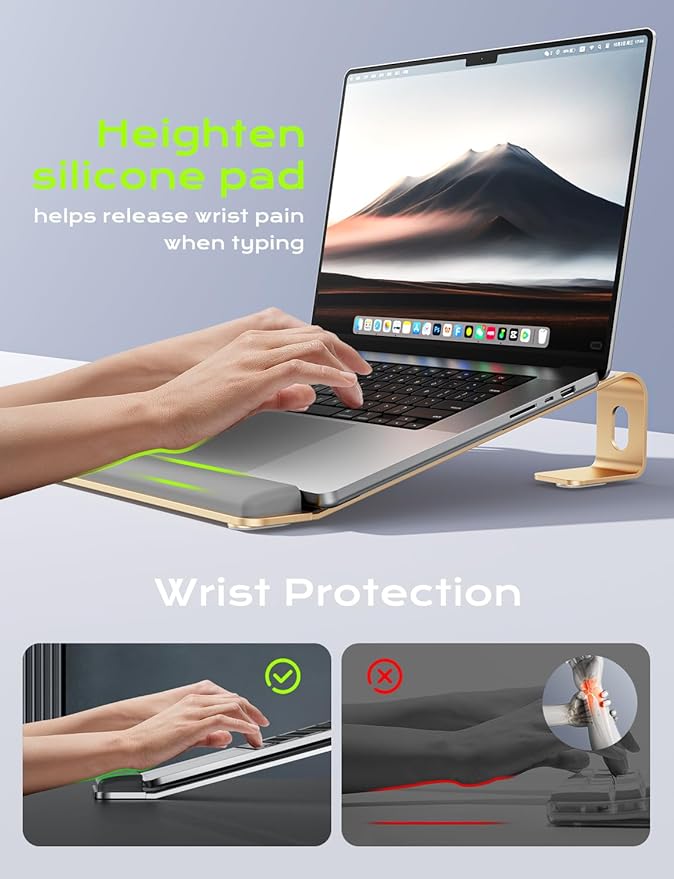 Aluminum Laptop Stand, Notebook Stand with Wrist Rest, Ergonomic Detachable Laptop Mount, Computer Stand Compatible with 10-17'' All Laptops Such as MacBook Air Pro/HP/Dell/Lenovo, Gold
