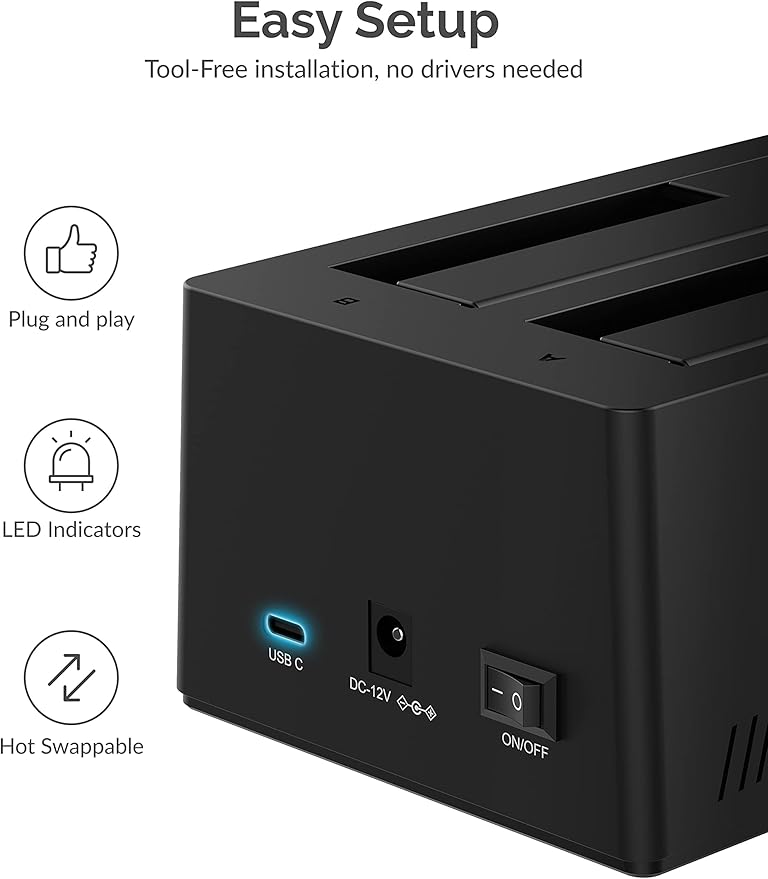 SABRENT USB Type C SATA 2.5” & 3.5” Dual Bay Hard Drive Docking Station | Offline Cloning | Up to 5Gbps | Tool Free Installation (EC-CH2B)