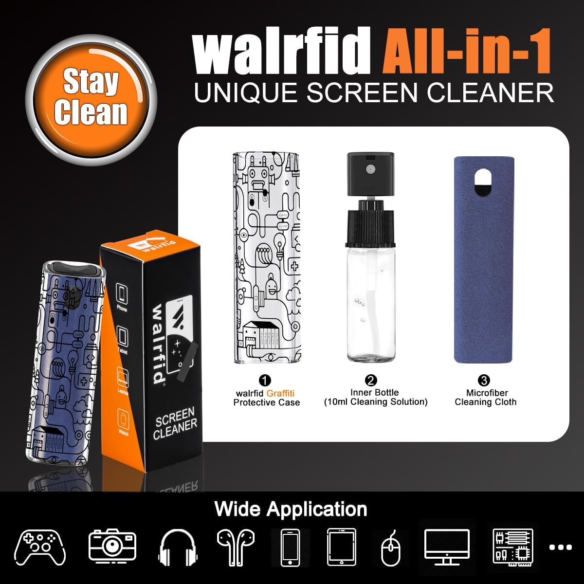 walrfid Car Screen Cleaner Spray and Wipe, Laptop Touchscreen Mist Cleaning Kit for Electronics Computer, iPad, Cellphone, MacBook, TV, Monitor, Tablet Display, with Black Graffiti Case - Dark Blue