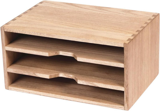 3-Tier Paper Storage Letter Tray File Sorter - Wood Desktop Document Organizer Holders with Mail Sorter, School & Home Magazine File Dividers, Book Rack Shelf Stand for HD-SJ3K (Light)