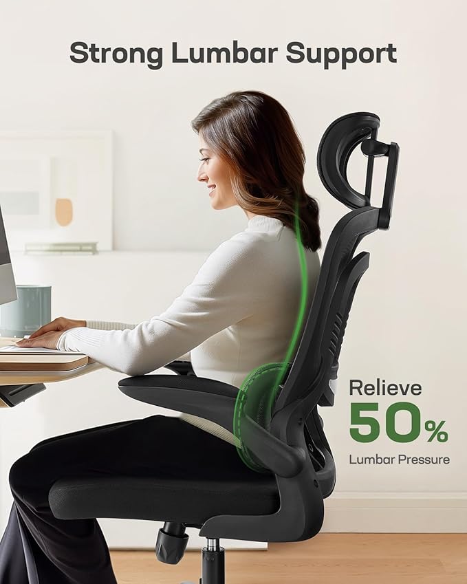 Marsail Ergonomic Office Chair with Lumbar Support, High Back Desk Chair with 2D Headrest & Flip-Up Armrests Gaming Computer Task Chair Tilt Function Black
