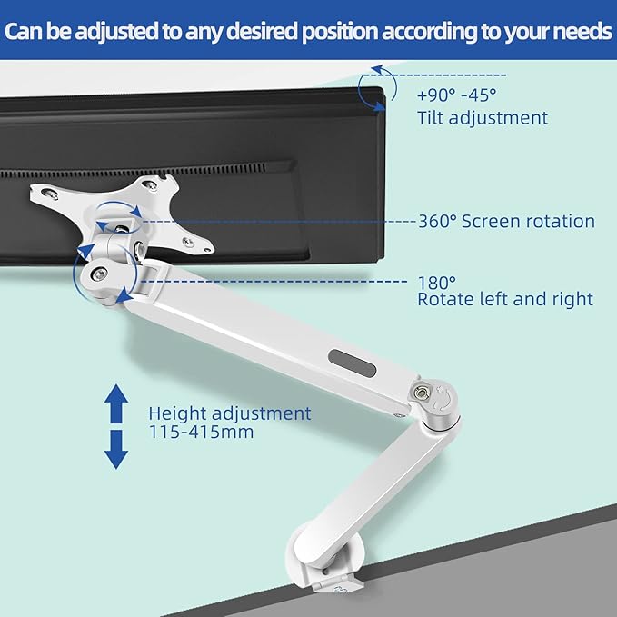 White Single Monitor Arm Mount 17 to 34 inch Articulating Gas Spring Arm 4.4 to 19.8lbs Adjustable Vesa 100 * 100mm Desk Stand with Clamp and Grommet LCD Computer Brachet M5W