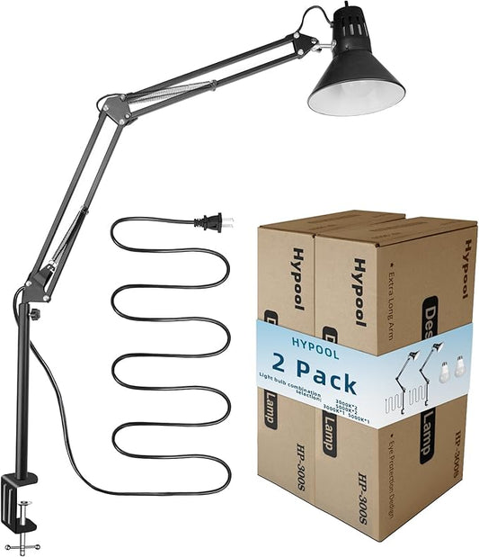 2 Pack Desk Lamp w/A19 E26 LED Bulb for Home Office Eye-Caring Metal Extra Tall Swing Arm High Intensity Clamp Flexible Gooseneck Side Table Working Reading Computer Workbench 3000K+ 5000K Light