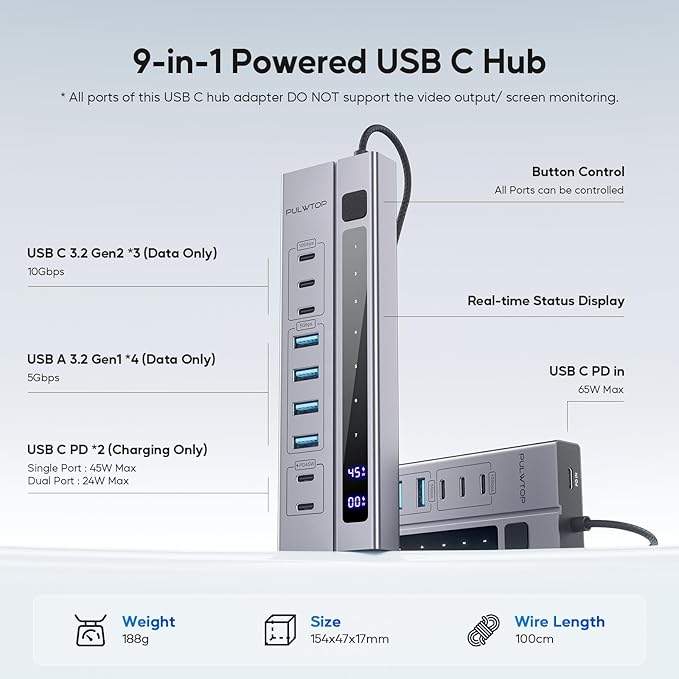 9 in 1 Powered USB C Hub, USB 3.2 Data Hub with 65W PD Power Adapter, 3 USB-C 10Gbps, 4 USB-A 5Gbps, 2 24/45W Type-C PD Charging Ports USB Hub