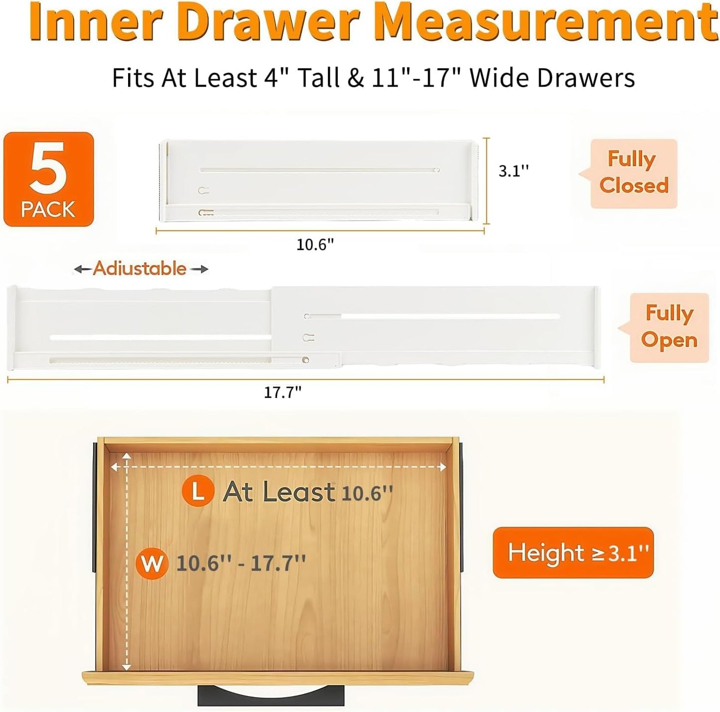 5 Pack Drawer Dividers 3.1" Slim Height Drawer Separators, Non-Slip Plastic Drawer Organizers Expandable 10.6"-17.7" for Shallow Drawers,Kitchen & Clothes Storage, Adjustable Office Drawer Divider