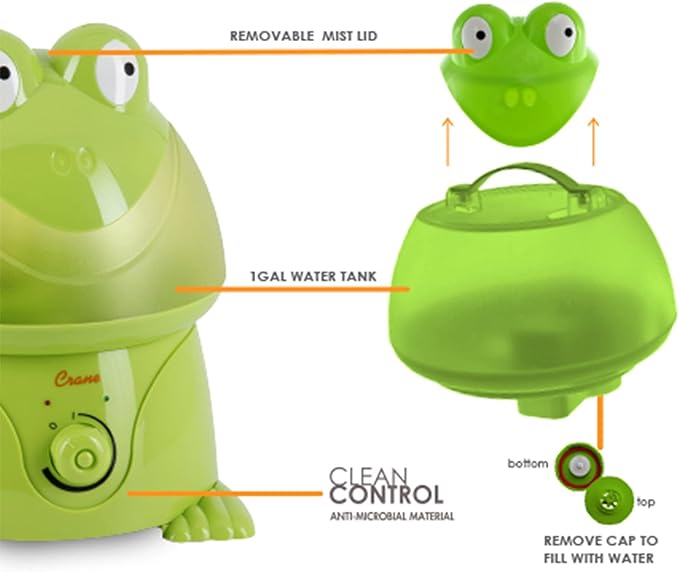 Crane Ultrasonic Cool Mist Animal Humidifier for Kids Bedroom and Nursery, 1 Gallon Easy Clean, Adjustable Settings, Frog Humidifier