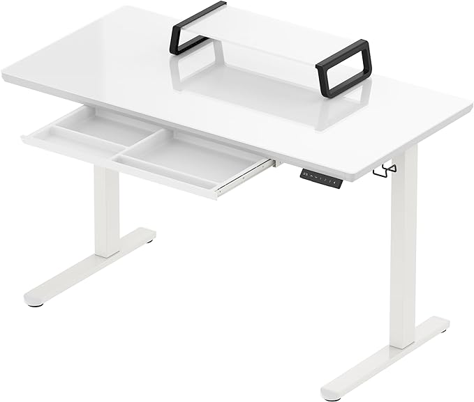 SHW 48x24 Glass Electric Height Adjustable Standing Desk – Motorized Sit Stand Desk with Monitor Riser, Pull-Out Drawer, Memory Presets, White