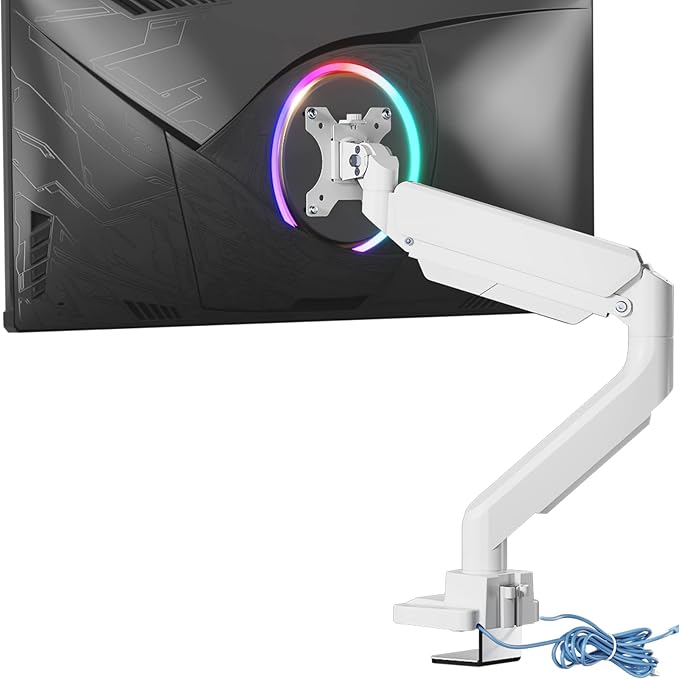 WALI Ultrawide Monitor Arm for 13 to 49 Inch Heavy Duty Curved Screens, Adjustable Gas Spring Single Monitor Desk Mount with 2 USB 3.0 Ports, Holds 33 lbs, 75x75/100x100 VESA, White (GSMU001-W)
