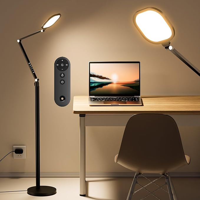 Ring Light with Stand, 15W Dimmable Zoom Lighting for Computer, Home Office, Reading, Video Calls, 66 Inches Floor Lamp with Flexible Swing Arm, AC Plug, Remote, Memory & Timer CRI >95