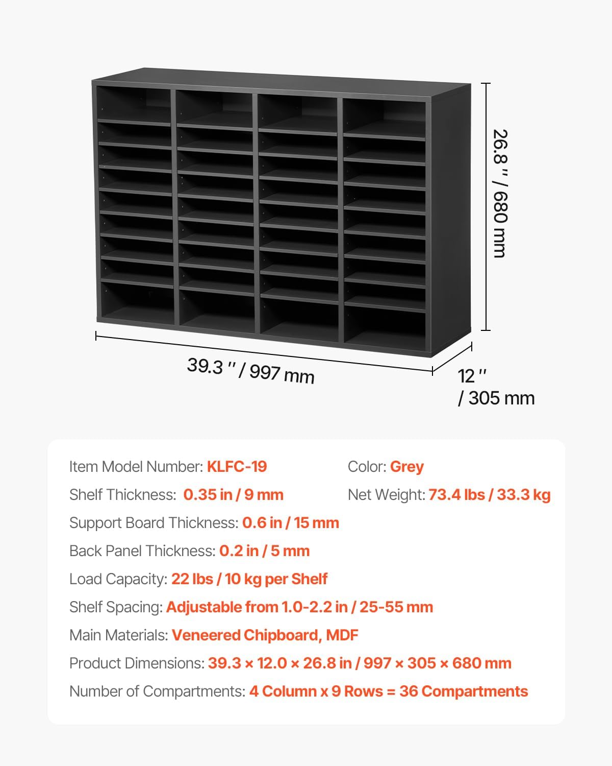 VEVOR Literature Organizer, 36 Compartments Office Mailbox with Adjustable Shelves, Wooden Mailbox Sorter Medium Density Fiberboard Office Home Classroom Storage for Files, Documents, Papers, Grey