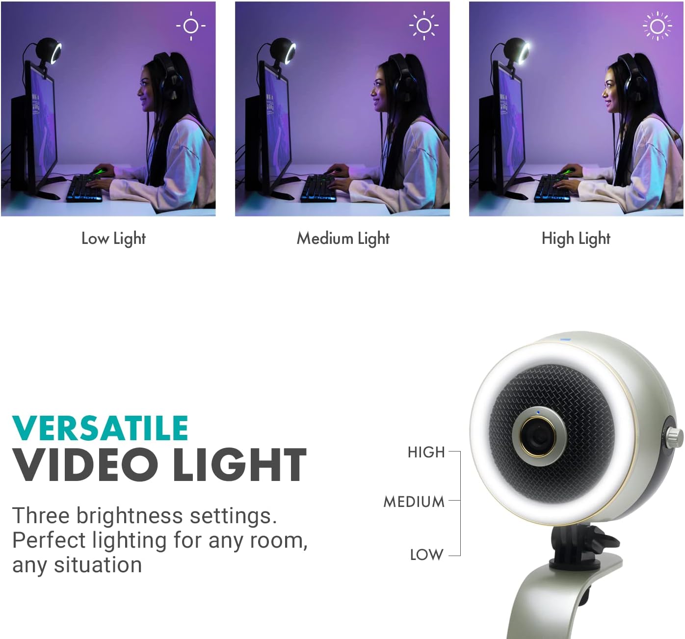 Movo WebMic HD Pro All-in-One Webcam with Mic and Ring Light in Silver- 1080p HD Camera, Pro Cardioid Condenser Microphone, LED Ring Light -HD Webcam for Streaming, Video Calls, Recording, Gaming