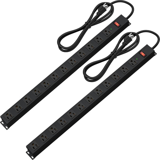 12 Outlet Long Power Strip Surge Protector with 2100 Joules, 6FT Power Cord, Wide Spaced Outlet Power Bar, Overload Protection Switch, Industrial Heavy Duty for Work Bench, Shop, Garage (Black),2 Pack