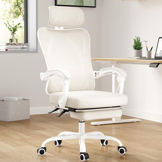 Farini Ergonomic Office Chair with Footrest, Mesh Office Desk Chair with Headrest, High Back Computer Chair with Adjustable Lumbar Support for Home Office Study Room Bedroom, White & Beige
