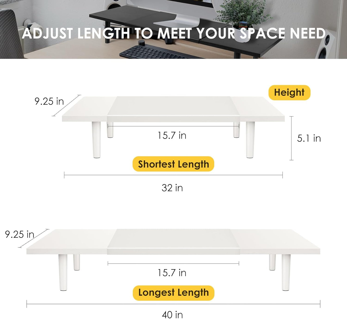 Dual-Monitor-Stand-Riser-For-Desk Adjustable Length 32-40 Inch，Large Desktop Computer Monitor Riser For 2 Screens，Desk Shelf Organizer Riser Stand For Computer/Laptop/PC/Printer/TV White