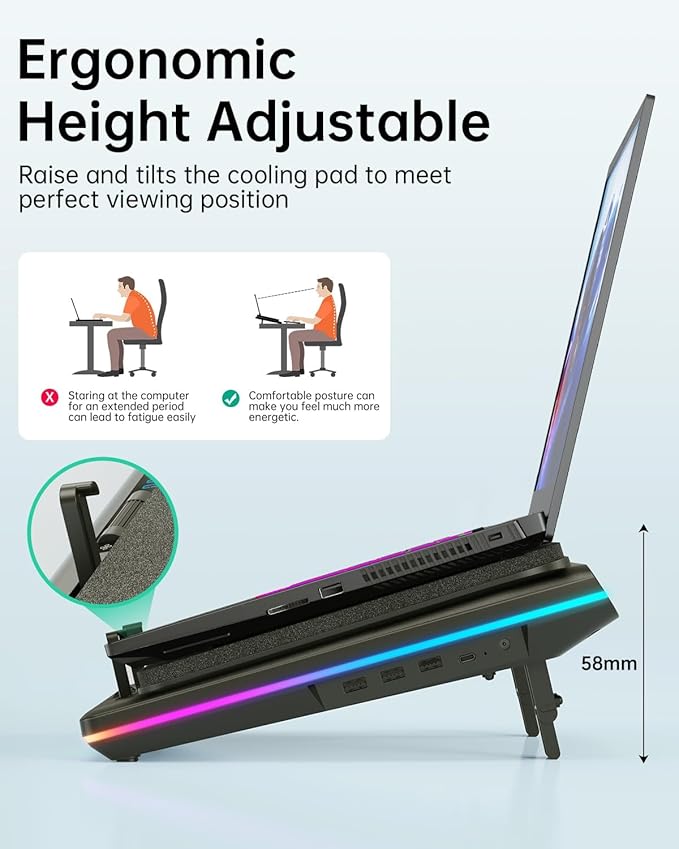 llano V12 RGB Laptop Cooling Pad, Gaming Laptop Cooler with 5.5 Inch Powerful Turbofan, Fast Cooling Laptop 15.6-21in, Adjustable Speed, Touch Control, LCD Screen, Black