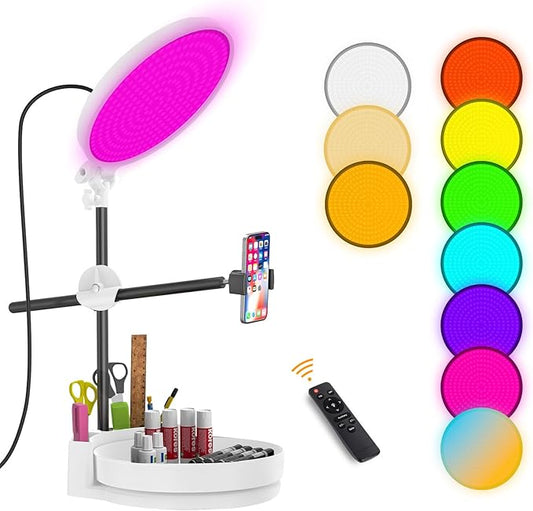 Desk Ring Light with Stand,55W Dimmable Full Screen Ring Light,with Rotating Storage Box,Pen Holder Stand,Phone Holder&Controller (White-RGB, 10.5)
