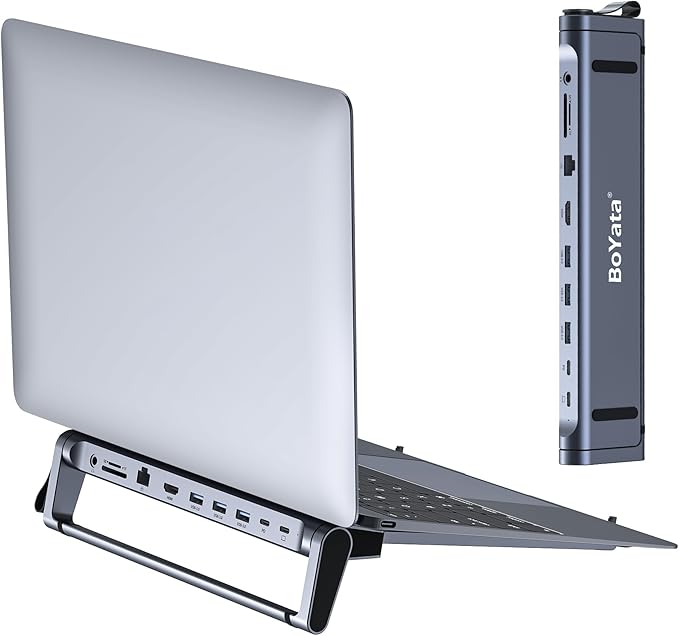 BoYata USB-C Laptop Docking Stand, 9 in 1 Aluminum USB C Dock Tablet Stand with 4K HDMI, 3 USB 3.0, PD 100W, Portable Docking Station for MacBook Pro/Air/Dell/HP/Surface/Lenovo, Plug and Play