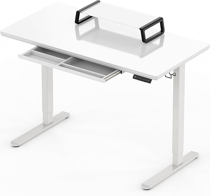 SHW 48x24 Glass Electric Height Adjustable Standing Desk – Motorized Sit Stand Desk with Monitor Riser, Pull-Out Drawer, Memory Presets, White