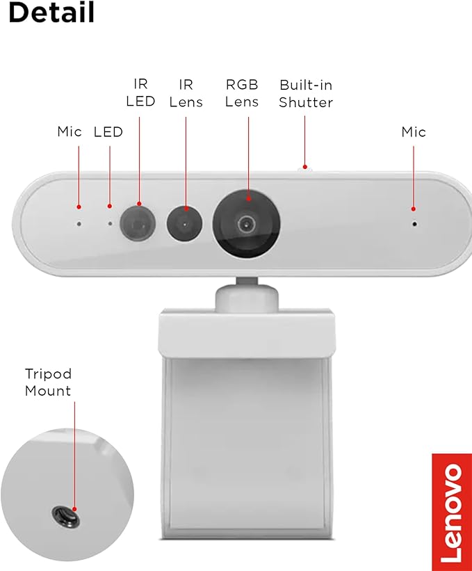 Lenovo HD 1080p Webcam (510 FHD) - Monitor Camera with 4X Digital Zoom, 95° Wide Angle, 360° Rotation Pan & Tilt - Desktop Cam with Dual Microphones & Windows Hello for Livestreaming & Conferences
