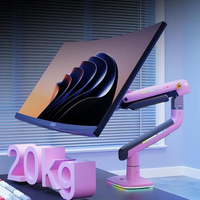 Gaming Monitor Arm for Flat/Ultrawide/Curved Monitors 32 to 60 inch, Heavy Duty Monitor Stand Load up to 20 kg, VESA 75/100 mm Mount (Fantasy Pink)
