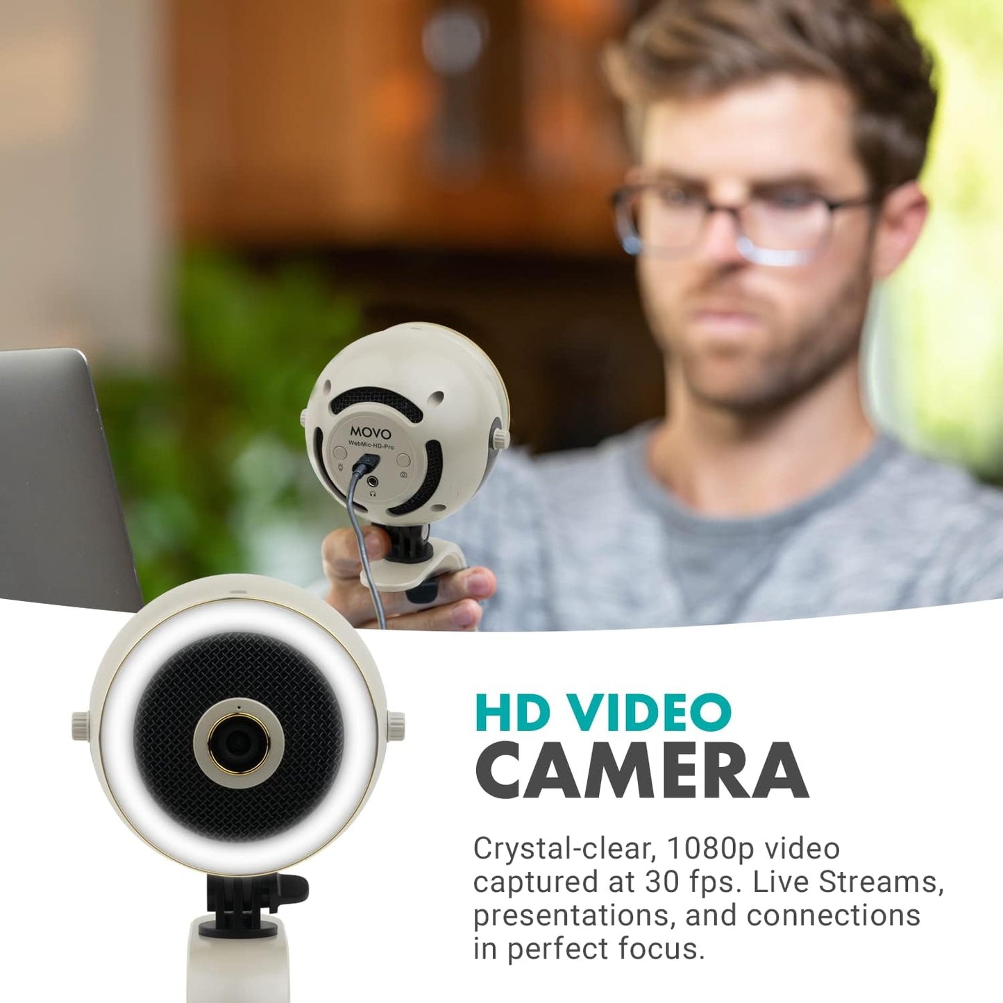 Movo WebMic HD Pro All-in-One Webcam with Mic and Ring Light in Pearl White- 1080p HD Camera, Pro Cardioid Condenser Microphone, LED Ring Light -HD Webcam For Streaming, Video Calls, Recording, Gaming