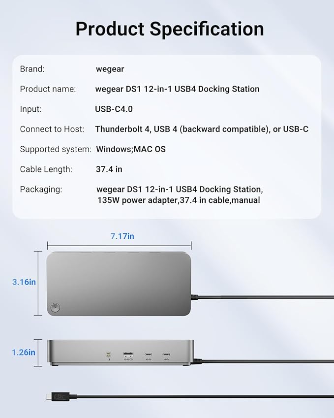 Laptop Docking Station(12-in-1), for Thunderbolt 4, USB 4, or USB-C Systems, 92W Charging for Laptop, 40 Gbps Data Transfer, Single 8K, Quad 4K Display, Ethernet, Compatible with Windows, MacOS