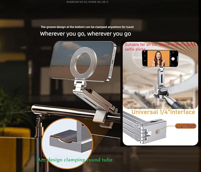 Esimen Magnetic Phone Tripod Stand for iPhone 16/15/14/13/12 Series, Foldable Pocket-Size Alloy Holder with 360° Rotation, Strong MagSafe Grip, 1/4" Screw Mount, Portable Desk & Travel Vlog Stand