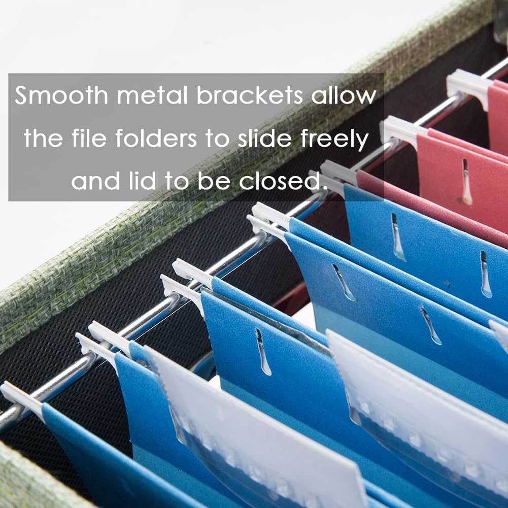 PRANDOM File Organizer Box - Set of 4 Collapsible Decorative Linen Filing Storage Hanging File Folders with Lids Office Cabinet Letter Size Green (14x9.3x10.8 inch)