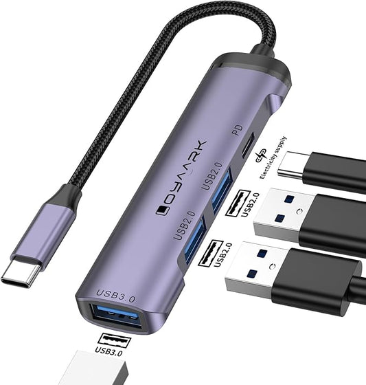 4-Port USB Hub with 100W PD Charging - 1 USB 3.0, 2 USB 2.0 Ports, Compatible with Mouse, Keyboard, Flash Drive, Printer