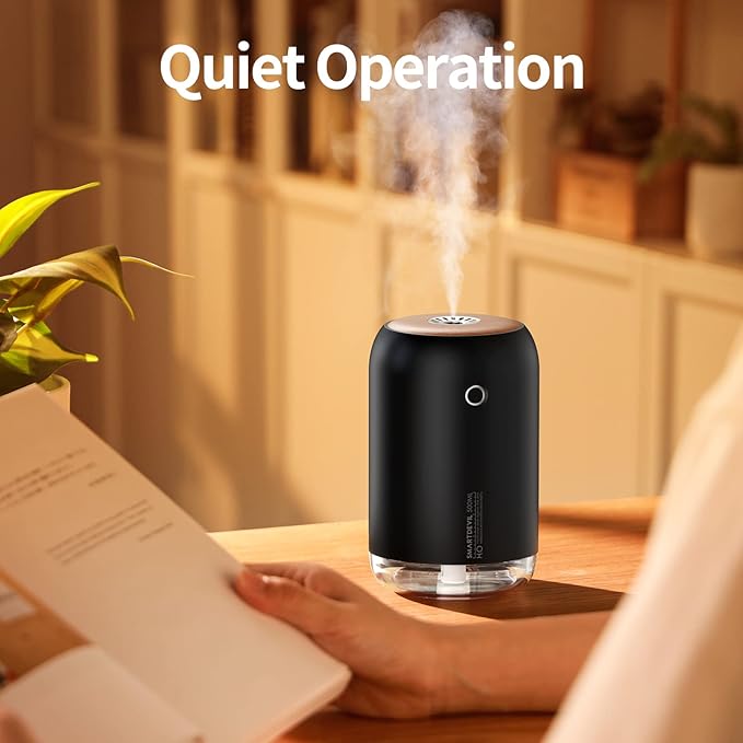 SmartDevil Portable Mini Humidifier, 500ml Desk Plant Humidifier, USB Personal for Bedroom, Office with Night Light, 2 Mist Modes, Black