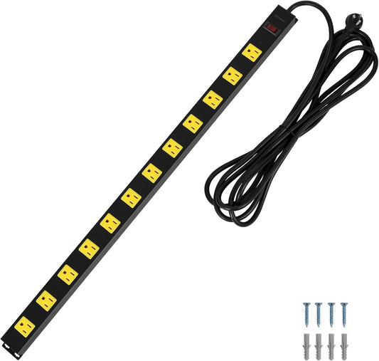 SURAIELEC 12 Outlet Long Metal Power Strip, 15 FT Cord Surge Protector, Angled Flat Plug, Wide Spaced Outlet Power Bar, 15A Breaker, Wall Mountable, Industrial Heavy Duty for Work Bench, Shop, Garage