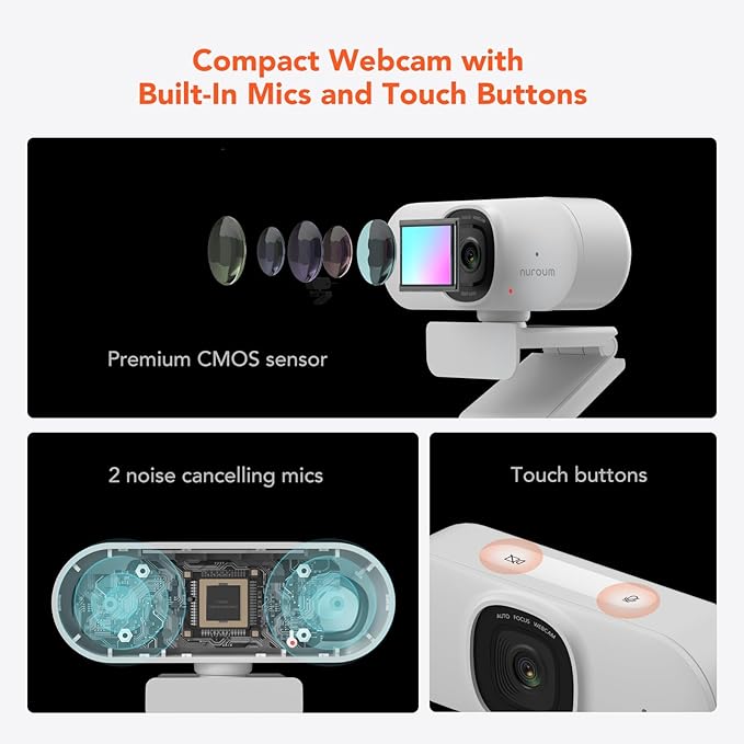 NUROUM V15AF 2K Webcam for PC, 1080p 60FPS AutoFocus Web Camera with Microphone, Privacy Cover and Mute, 75°FOV Dual Microphone USB FHD Computer Camera, Plug and Play for Zoom/Skype/Teams, White