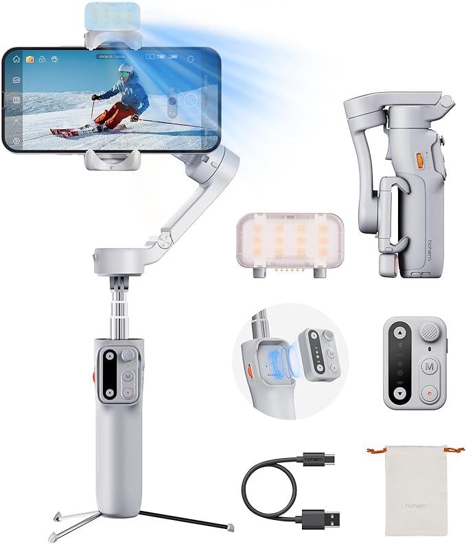 Hohem iSteady X3 Gimbal Stabilizer for iPhone, Foldable Phone Gimbal Object Tracking, Remote Control, 3-Axis Phone Stabilizer Built-in Extendable Rod & Tripod, Fill Light for Video Recording, YouTube