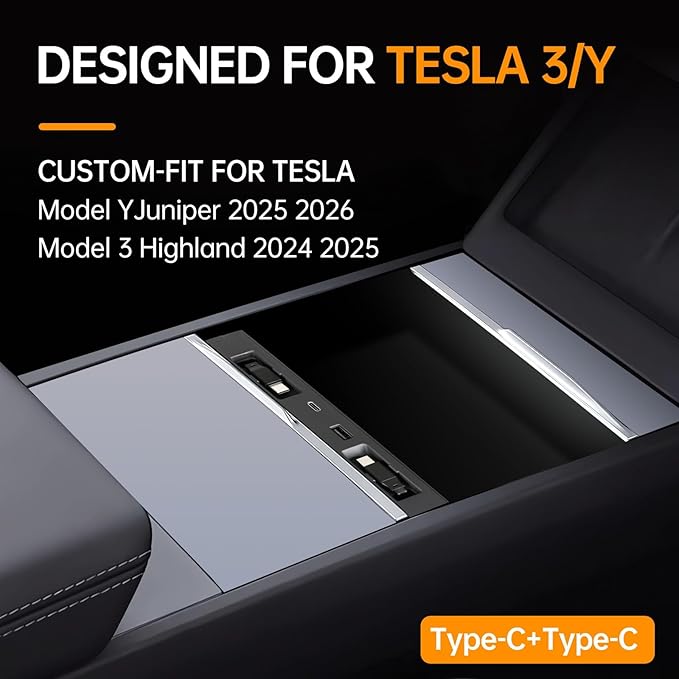 USB Hub for Tesla Model Y Juniper 2025 2026 Model 3 Highland 2024 2025 with Sunken Design, 117W Dual Type-C Retractable Cables 4 in 1 Multi Port Fast Charger Docking Station fit Center Console
