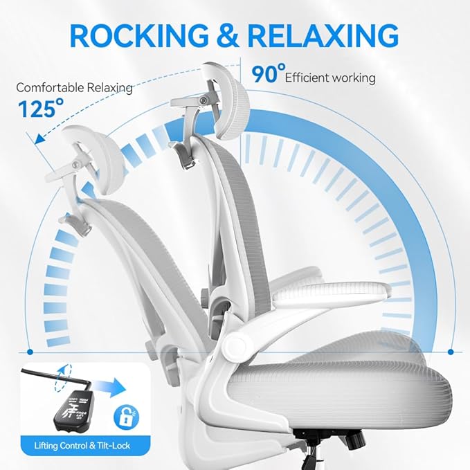 Ergonomic Office Chair with Headrest 3D, Mesh Office Desk Chair with Adjustable Lumbar Support, Computer Chair with Flip up Armrests, 350LBS Capacity - Design for Home/Offices - Grey