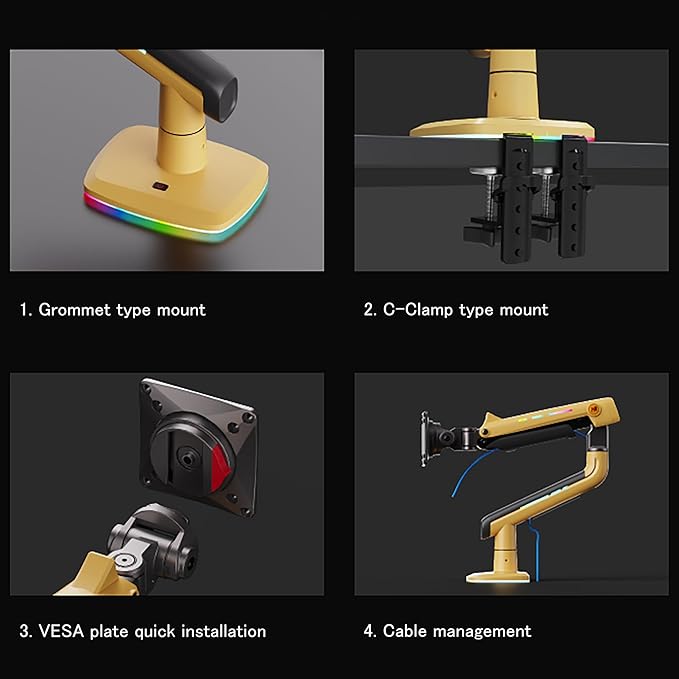 Gaming Monitor Arm for Flat/Ultrawide/Curved Monitors 32 to 60 inch, Heavy Duty Monitor Stand Load up to 20 kg, VESA 75/100 mm Mount (Lava Yellow)