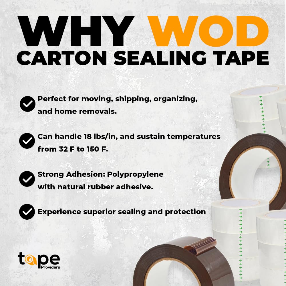 WOD CST20WBA Clear Packing Tape - 2" in. x 60 Yards Per Roll (36 Rolls) - Strong Heavy-Duty Industrial Shipping Box Packaging Tape for Moving, Office, & Storage