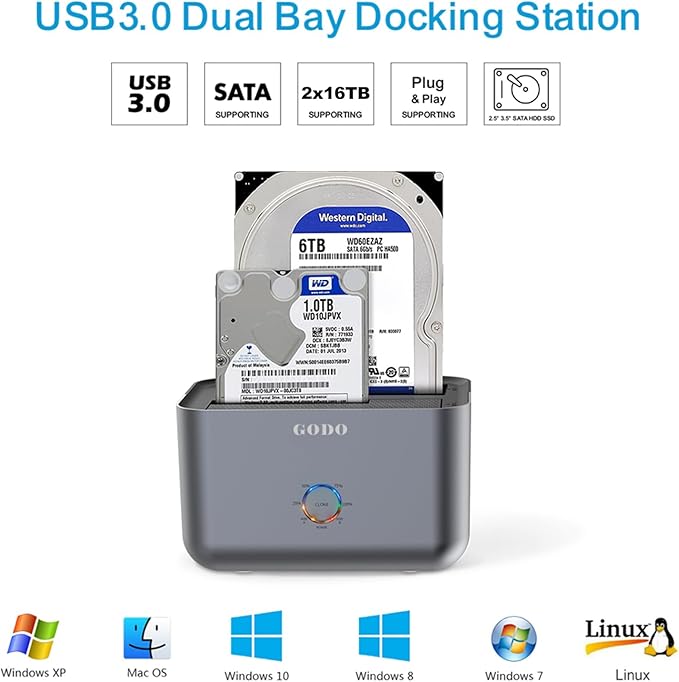 GODO Hard Drive Docking Station to USB 3.0,Dual Bay Hard Drive Dock for SATA 2.5/3.5 inch HDDs/SSDs with LED Indicator,Support Offline Clone/Duplicator