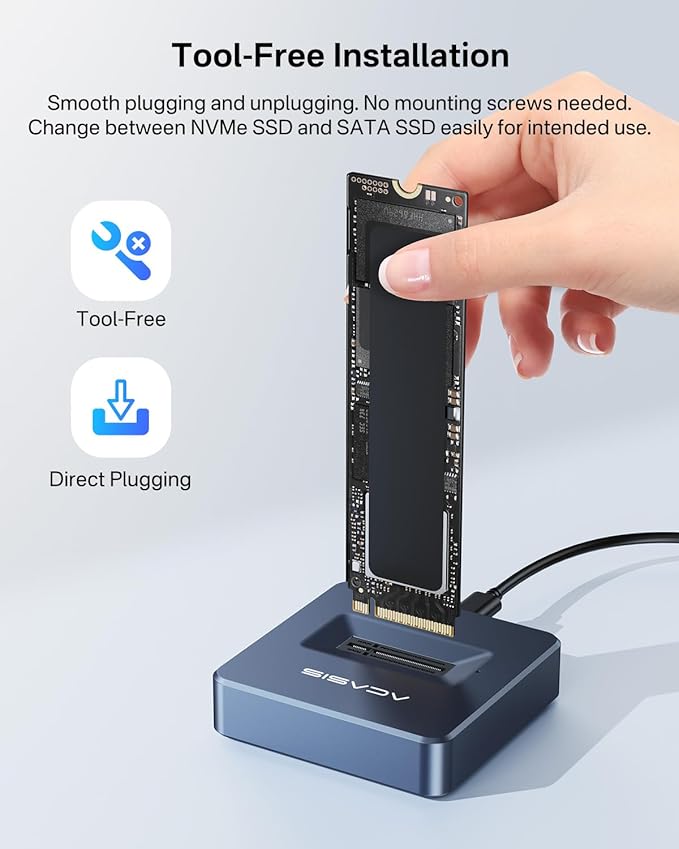 ACASIS M.2 NVMe & SATA to USB C Docking Station, NVME SSD Enclosure Adapter, USB 3.2 Gen 2(10 Gbps), Aluminium Alloy Housing, Support M.2 (M Key) NVMe and (B+M Key) SATA-Based SSD
