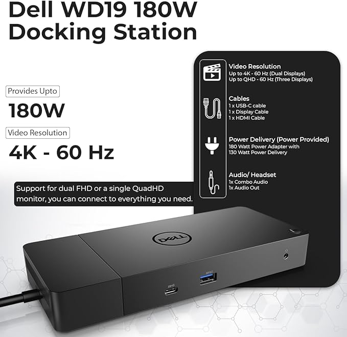 Dell WD19 180W Dock Bundle - Dell Docking Station Dual Monitor with 180W Power Supply + HDMI Cable + DisplayPort Cable + USB-C Cable + Microfiber Cloth Included (Renewed)